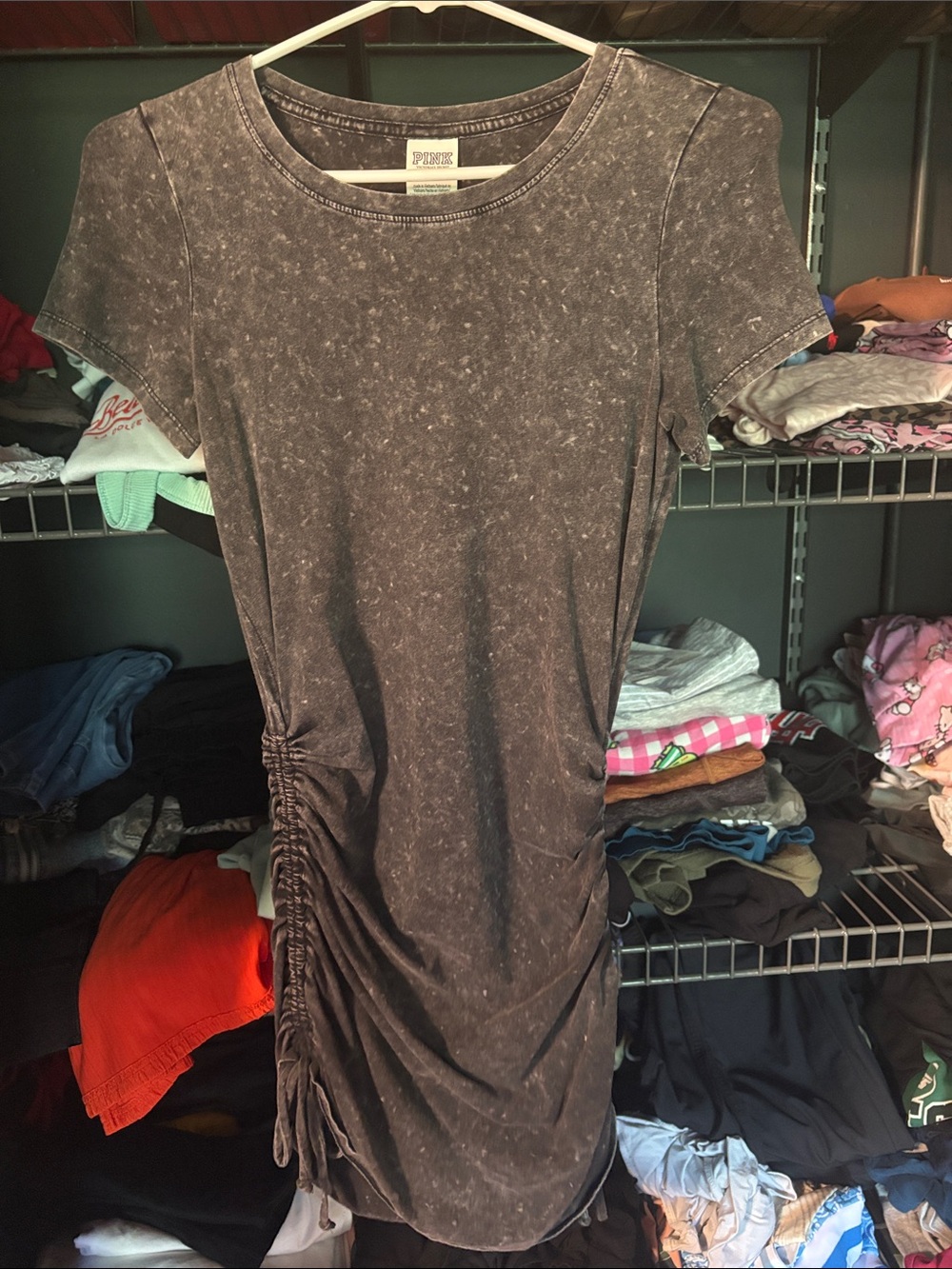 Womens Washed Black Ruched Side T-Shirt Dress